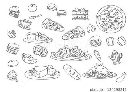 ピザ  カプレーゼ イタリア料理 線画 セット 124198213