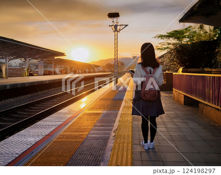 夕暮れの無人駅で列車を待つ学生 124198297