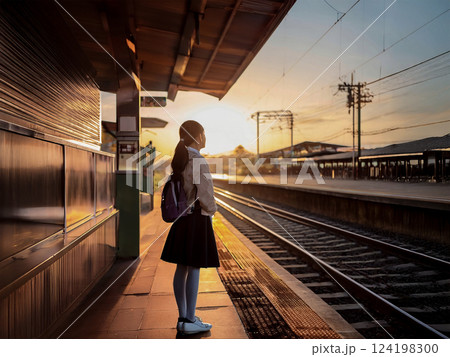 夕暮れの無人駅で列車を待つ学生 124198300