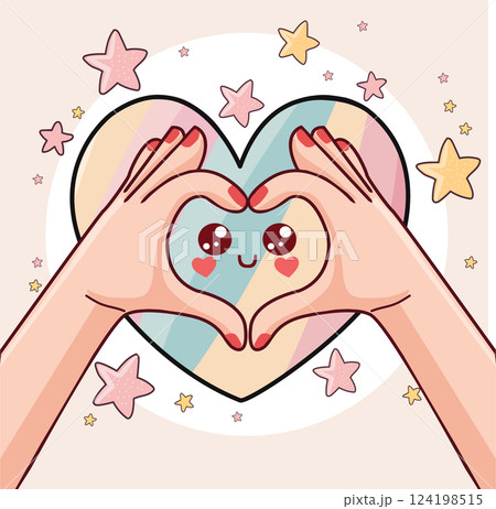 Cute gesture hand love heart symbol on colorful heart 124198515