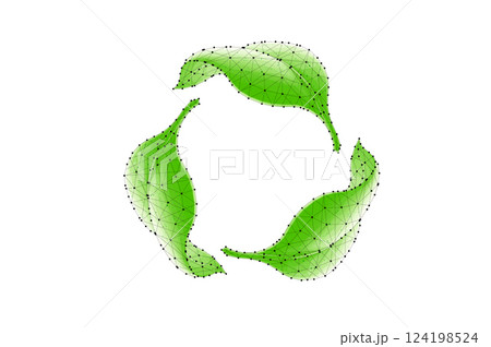 Recycle icon on blue background. Biodegradable packaging, green leaf, recycling concept 124198524