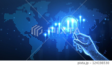 Hand with magnifying glass and stock chart on digital world map Hand with magnifying glass and stock chart on digital world map 124198530