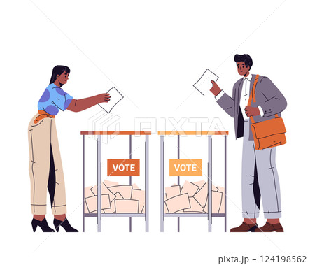 Man and woman voting by throwing their bulletin. Vector people near ballot box participate in democratic election or referendum. Citizen poll or government selection. Civil right and democracy process 124198562