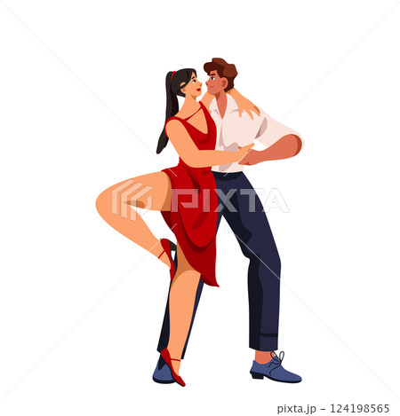 Couple dance ballroom rumba or pair dancing rhumba. Vector latin and sensual movement to rhythm of Latin music. Coordination footwork and fluid movements. Partners at stage do romantic performance. 124198565