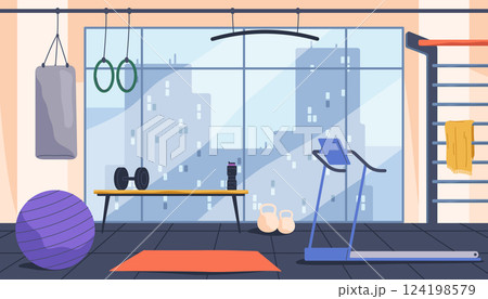 Vector gym illustration with racetrack or treadmill, pull-up bar and dumbbell. Strength and yoga stretching, cardio and stamina, training center. Fitness and workout hub with equipment. Sport, health 124198579