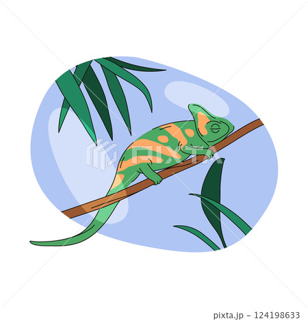 Chameleon vector or reptile on tree branch. Vector animal with scales and adaptive camouflage in jungle habitat. Arboreal green character in tropical rainforest. Wildlife zoo fauna. Zoology, biology. 124198633