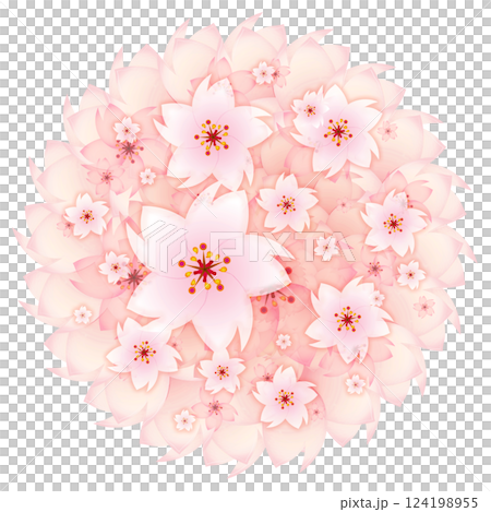 一個美麗的裝飾插圖，一個深粉紅色的櫻花圓形花環，上面散佈著更多可愛的櫻花 124198955