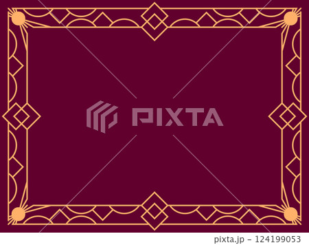 Geometric frame of gold lines on a burgundy background. Linear border. Linear design of geometric frame with space for text, invitations, flyers and greeting cards. Vector illustration Geometric frame of gold lines on a burgundy background. Linear border. Linear design of geometric frame with space for text, invitations, flyers and greeting cards. Vector illustration 124199053