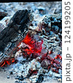 A close up of burning embers and ashes in the fire. 124199205