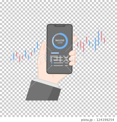 Vector illustration of checking stock prices and financial assets on a smartphone held in hand (line drawing, flat) 124199254