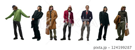 One model in relaxed business wear blending classic tailoring with casual elements, creating contemporary interpretation of office fashion 124199287