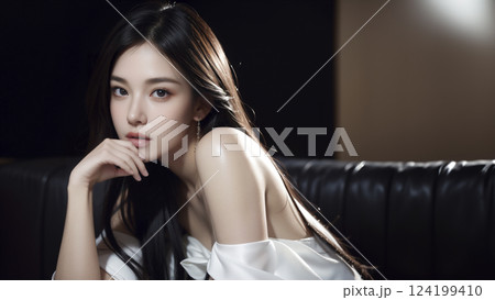 白いドレスを着た長い黒髪の若いアジア人 白いドレスを着た長い黒髪の若いアジア人 124199410