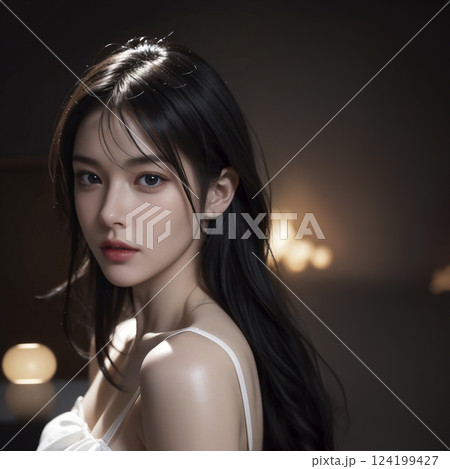 白いドレスを着た長い黒髪の若いアジア人 白いドレスを着た長い黒髪の若いアジア人 124199427