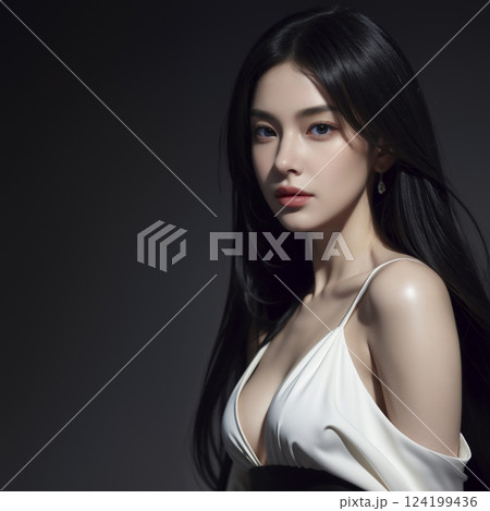 白いドレスを着た長い黒髪の若いアジア人 白いドレスを着た長い黒髪の若いアジア人 124199436