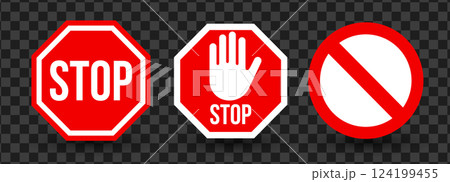 Stop sign icon and prohibition sign. Standard stop text, stop sign hand gesture, no entry icon. Emblem for road safety, warning signal, restriction notice. Highly visible design. Vector illustration Stop sign icon and prohibition sign. Standard stop text, stop sign hand gesture, no entry icon. Emblem for road safety, warning signal, restriction notice. Highly visible design. Vector illustration 124199455