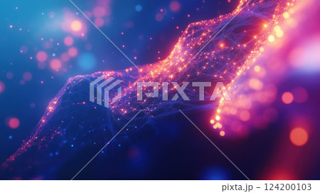 Futuristic glowing neural network with dynamic data connections, colorful mesh, and digital particles illustrating innovation in virtual intelligence systems 124200103