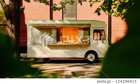 Sleek white food truck parked on an urban street, open service window displaying fresh salads, sandwiches, and vibrant street food offerings in daylight 124200413