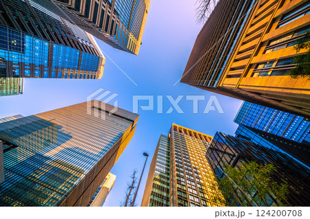 日本の東京都市景観　夕日を浴びてオレンジ色に染まる大手町や丸の内のオフィスビル群などを望む 124200708
