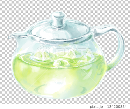 玻璃茶壺中冷綠茶的水彩插圖 124200884