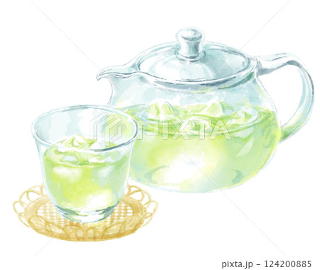 ガラスの器に入った涼やかな緑茶(冷茶)の水彩イラスト ガラスの器に入った涼やかな緑茶(冷茶)の水彩イラスト 124200885