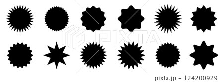 ジグザグの波型フレームのベクターイラストセット。ギザギザの縁取りのスターバーストシェイプ。 ジグザグの波型フレームのベクターイラストセット。ギザギザの縁取りのスターバーストシェイプ。 124200929