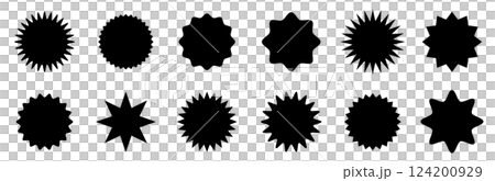 ジグザグの波型フレームのベクターイラストセット。ギザギザの縁取りのスターバーストシェイプ。 ジグザグの波型フレームのベクターイラストセット。ギザギザの縁取りのスターバーストシェイプ。 124200929