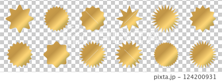 Vector illustration set of gold glitter zigzag wave frames. Gold medal stickers. Jagged border Vector illustration set of gold glitter zigzag wave frames. Gold medal stickers. Jagged border 124200931