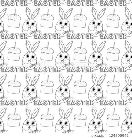 Black and white seamless pattern featuring anthropomorphic Easter bunny eggs, festive Easter cakes, and - Happy Easter - text for coloring page. Perfect for kids, wallpaper and seasonal crafts. Black and white seamless pattern featuring anthropomorphic Easter bunny eggs, festive Easter cakes, and - Happy Easter - text for coloring page. Perfect for kids, wallpaper and seasonal crafts. 124200941