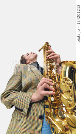 Low angle image of female saxophonist tilting head back, playing golden with passion, embodying jazz spirit on white background Low angle image of female saxophonist tilting head back, playing golden with passion, embodying jazz spirit on white background 124201212