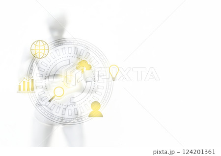 Blurred White Robot Cyborg Man with Hand Touching on Motion Hi Tech Circle Interface HUD 124201361