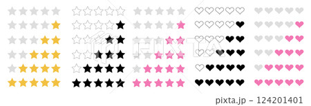Vector set of rating and vote icons with stars and hearts. Quality review symbols for evaluation and ranking. Flat design elements for UI, app interface, and web classification 124201401