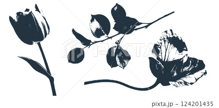 Grunge overprint flower stamp set with ink effect. Hand-drawn abstract floral and botanical elements in black and white 124201435