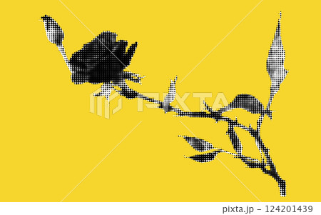 A striking collage featuring a halftone representation of a rose stem, accentuated against a bold yellow backdrop. A striking collage featuring a halftone representation of a rose stem, accentuated against a bold yellow backdrop. 124201439