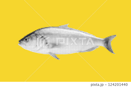 A vibrant halftone collage features a stylized fish swimming gracefully on a cheerful yellow backdrop. The design captures a playful essence of aquatic life in a modern artistic form. 124201440