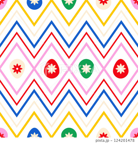 Easter seamless pattern with floral eggs and geometrical ethnical ornament Easter seamless pattern with floral eggs and geometrical ethnical ornament 124201478