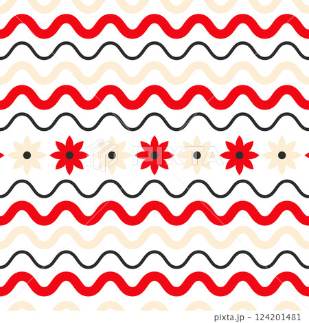 Retro seamless pattern with cute naive flowers and waves Retro seamless pattern with cute naive flowers and waves 124201481