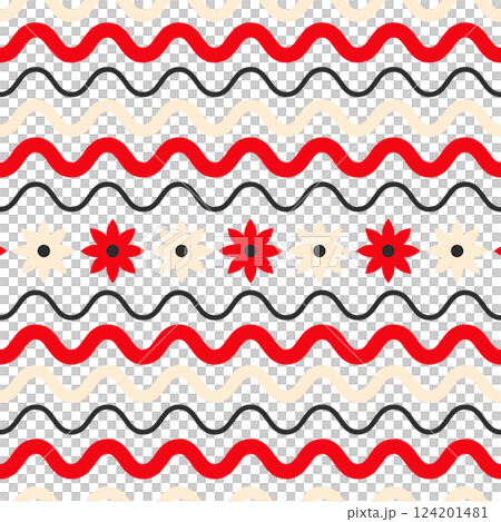 Retro seamless pattern with cute naive flowers and waves Retro seamless pattern with cute naive flowers and waves 124201481