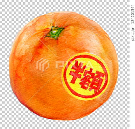 水彩イラスト　半額シールが貼られたオレンジ 124201544