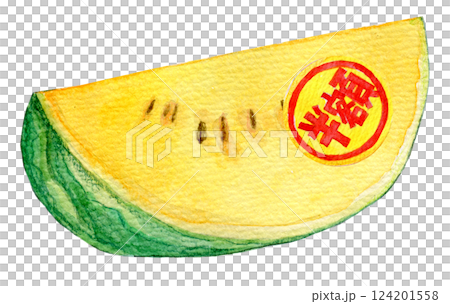 水彩插圖：貼有半價標籤的黃色西瓜 124201558