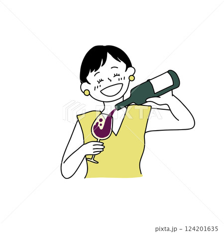 手酌でワインを注ぐ酔っ払った女性のイラスト 124201635