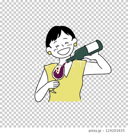 手酌でワインを注ぐ酔っ払った女性のイラスト 124201635