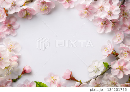白い背景に満開の桜の花のフレーム 124201756
