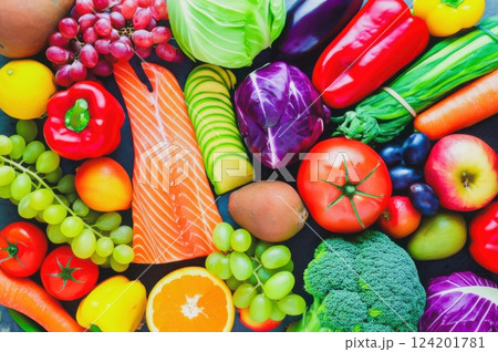 Vibrant Overhead Shot Gut Healthy Raw Salmon Produce Feast Featuring Orange Salmon, Broccoli, Diverse Raw Produce For Healthy Eating, High Angle Shot Showcasing Fresh, Colorful Eating Options 124201781