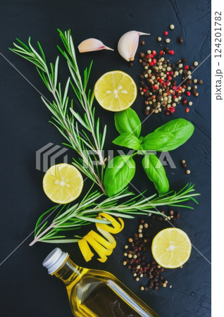 Rustic Cooking Scene Close Up Of Fresh, Vibrant Ingredients Pink Peppercorns, Olive Oil, And More On Dark Surface, Inspiring Culinary Creation 124201782