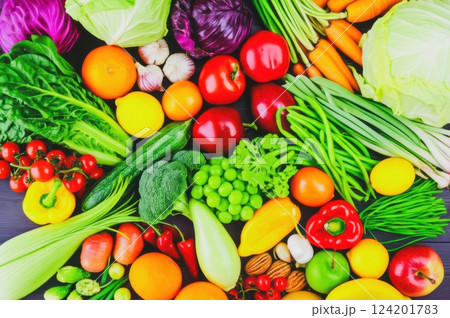 Vibrant Overhead Fruit Vegetable Composition Rich, Nutrient Rich Purple Green Feast, Packed With Freshness, Boosting Immunity Low Calorie Goodness For Healthy Diet 124201783