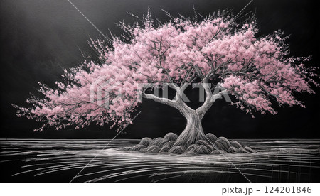 黒板にチョークで描いた桜の木 124201846