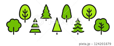 Tree icons, simple geometric trees, simple outlines forest for eco design, environmental projects, parks, nature-related branding. Clean and minimalist design. Vector illustration. 124201879
