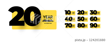Modern anniversary celebration design set featuring bold numbers from 10 to 90 with stylish typography on yellow backgrounds. Ideal for greeting card and birthday banner. Vector illustration 124201880