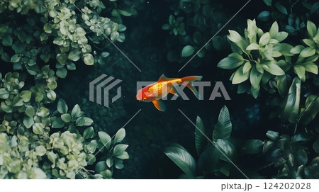 A goldfish swimming in an aquarium surrounded by green plants 124202028