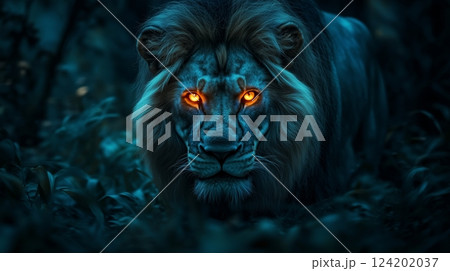 A majestic lion with glowing eyes stands in a dark, mystical forest setting 124202037